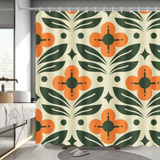 Orange Floral Shower Curtain Vintage Mid Century Modern Abstract Geometric Green