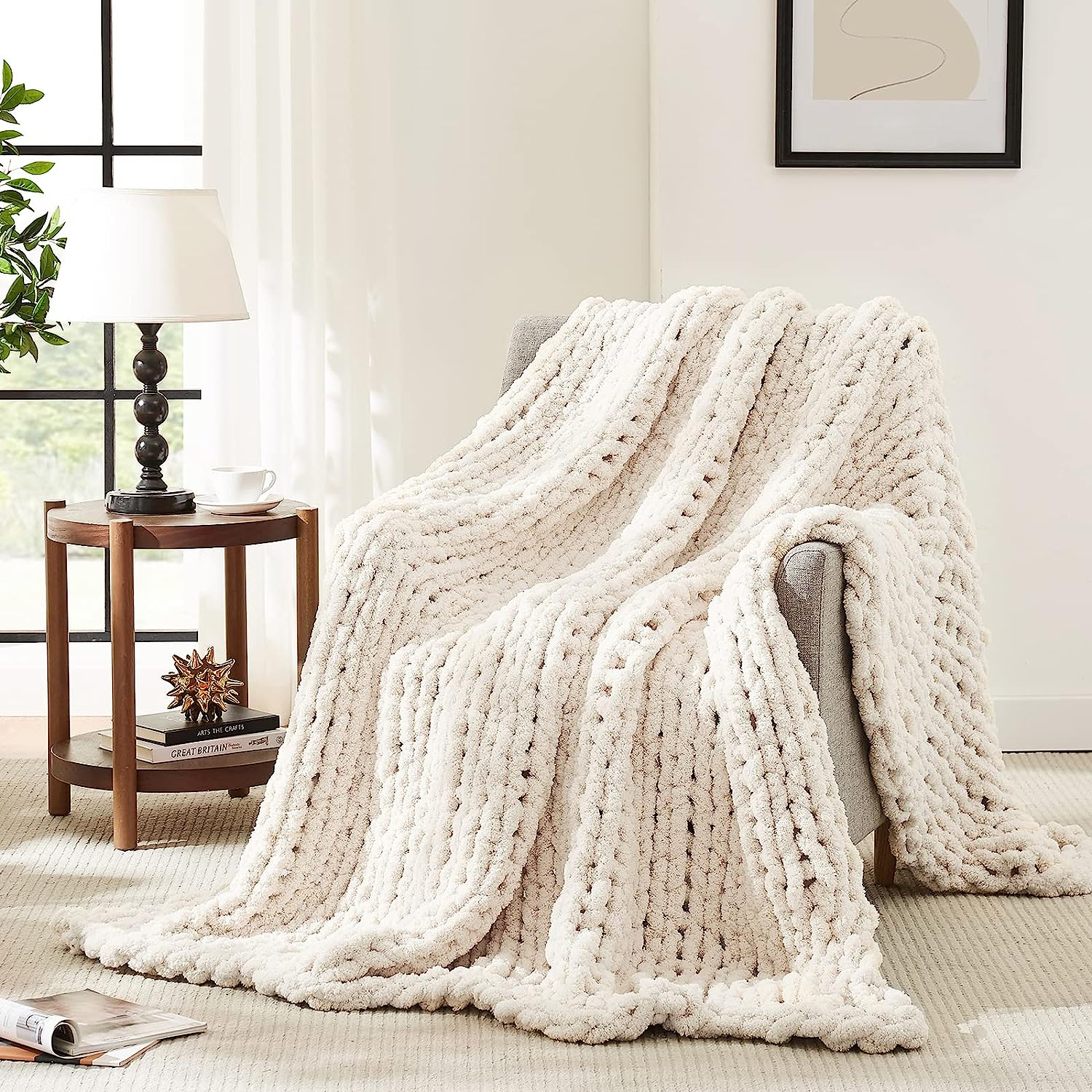Chunky Knit Blanket Throw,Soft Chenille Yarn Throw Blanket 50X60，Handmade Cable
