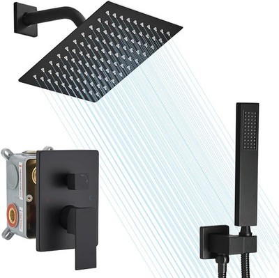 Wall Mount Rain Shower Set Matte Black 8 Inch Square Handheld