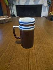 Vintage Brown Glazed White Handled Coffee Cup Mug with Blue Stripes