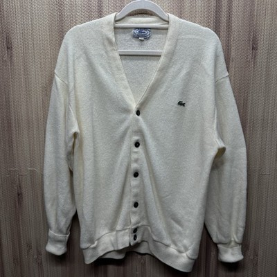 Izod Lacoste Cardigan Sweater Mens Large Cream Grandpa Preppy USA Croc Vintage
