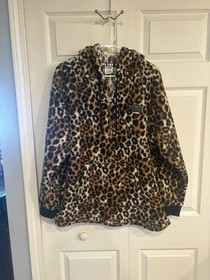 Victoria&rsquo;s Secret PINK Leopard Cheetah Hoodie Sherpa Half Zip Sz Large HTF NICE