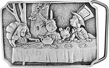 Vintage Design Solid Pewter Alice in Wonderland Tea Party Belt Buckle - USA Made