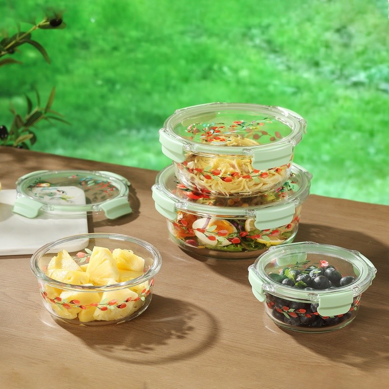 Round Glass Food Storage Containers Set 4 Airtight Tritan Lids Stackable New