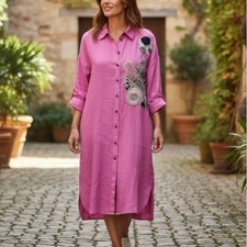 BIZE Womens Button Up Midi Shirt Dress Artsy Lagenlook Cotton Pink Size 1 Medium