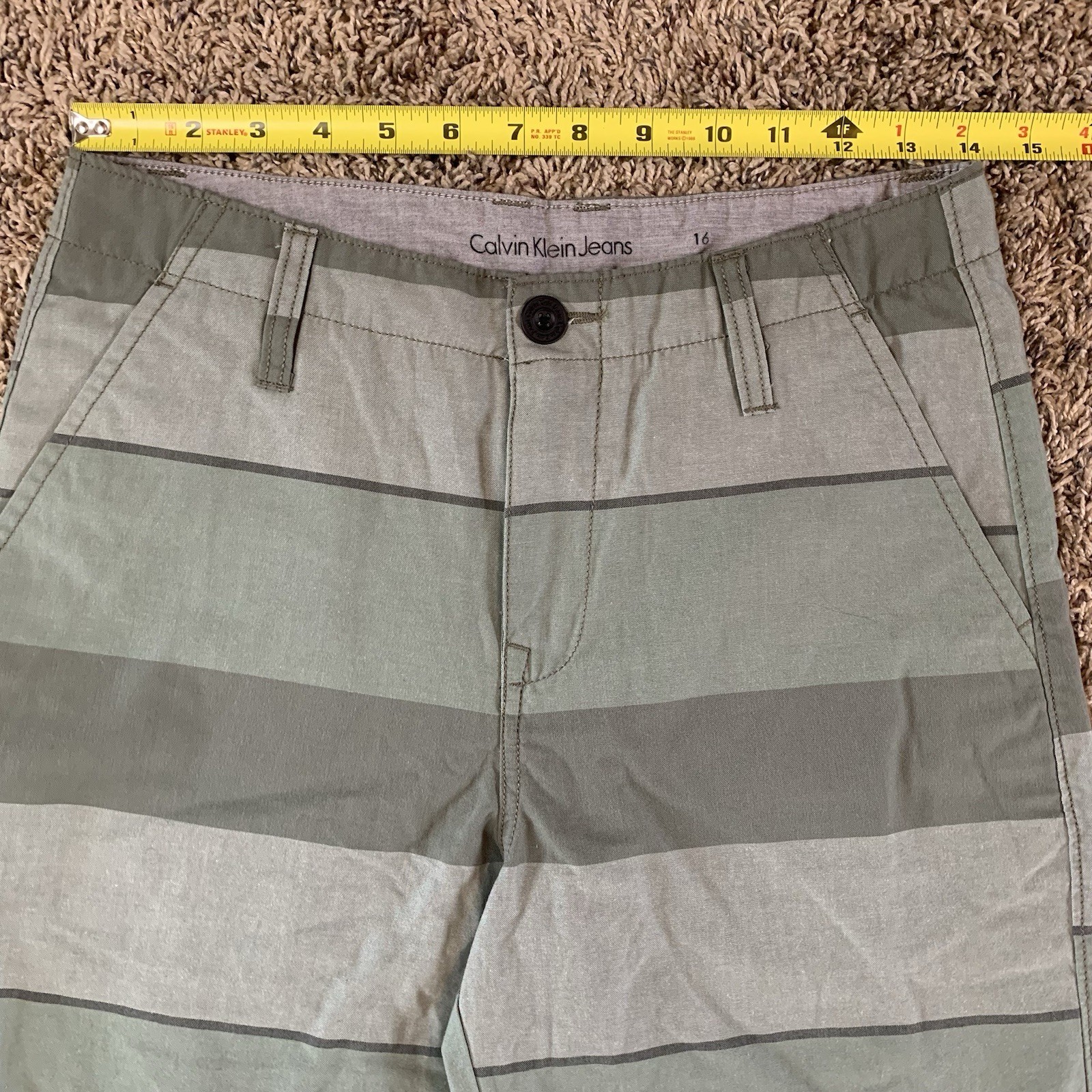 Calvin Klein Shorts Boys Youth 16 Green Striped Chino Casual image 5