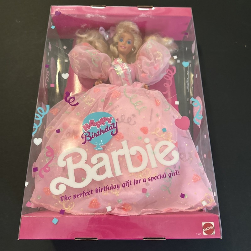 Barbie Happy Birthday Doll Vintage 1990 Pink Glitter Gown Mattel Damaged Box