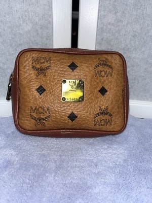 Vintage MCM Visetos Cognac Leather Clutch Pouch Bag Wallet Serial A7488