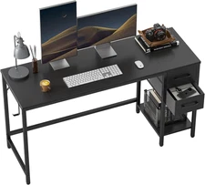 Computer Desk 47 Inch Black Wood With 2 Drawers & Shelves Table for Home Office