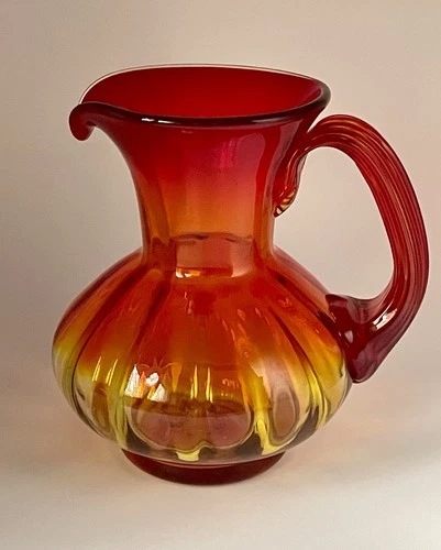 VTG 70’s BLENKO Art Glass Pitcher #709 Tangerine Amberina Reeded Handle 6.5” MCM