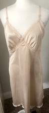 Vtg Sz L Beige FULL SLIP DRESS SILKY Lace V Chemise Nightgown Sleep