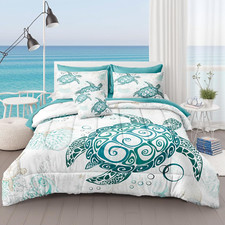 Sea Turtle Bedding Set 8 Pieces Bed in a Bag Queen Size Teal Blue Ocean Style Se