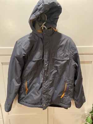 Mini Boden Boys Hooded Jacket 11-12yrs Fleece Lined Navy Gold Full Zip Snap 