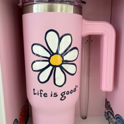 Life is Good Daisy Voyager 32 oz. Stainless Tumbler Pink Straw Lid