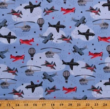 Cotton Airplanes Helicopters Jets Planes Kids Fabric Print by the Yard D484.34