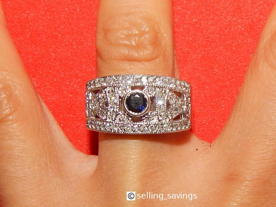 14K WHITE GOLD EFFY DIAMOND & SAPPHIRE FILIGREE ROYALE BLEU WIDE FACE BAND RING - Image 3 of 4