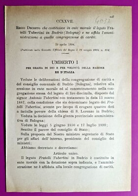 BUDRIO, ROYAL DECREE CONCENTRATE CONGREGATION OF CHARITY TUBERTINI LEGATE-4037
