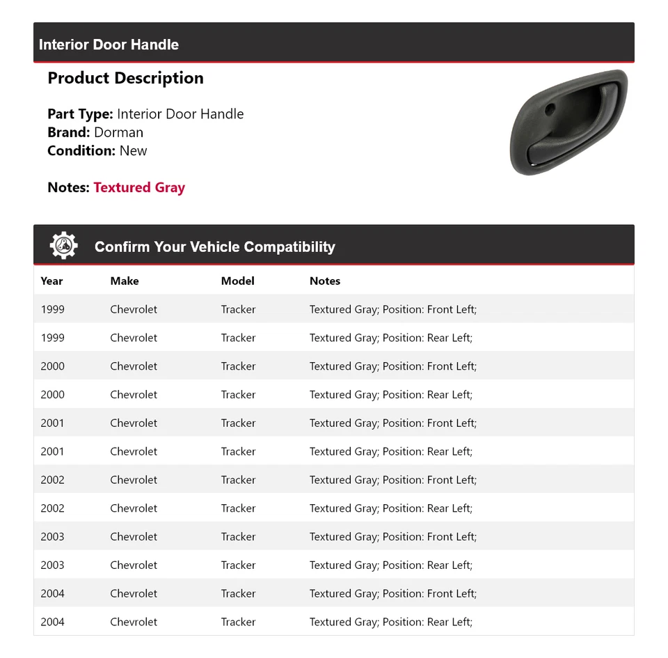 For 1999-2004 Chevrolet Tracker Dorman Interior Door Handle 2000 2001 2002 2003 - Image 2 of 4