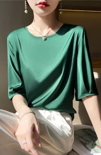 Women's Summer Round Neck Silk T-shirt Half Sleeved Shirt Loose Bottomed Top - Picture 10 of 22