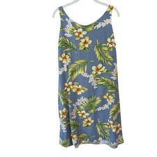 Vintage Two Palms Tuberose Blue Hawaiian Floral Sleeveless Shift Dress Size L