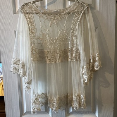  Skylar & Jade Blouse Women s S Ivory Sheer Lace Romantic Boho Wide Sleeve Top