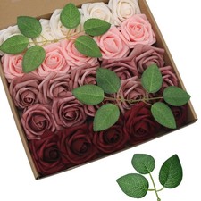 25pcs Artificial Foam Ombre Roses with Stems, White to Burgundy Gradient Rose...