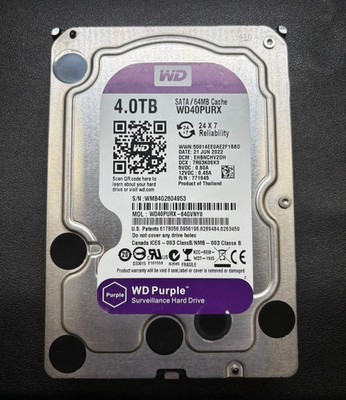 WD Western Digital 4TB Purple 3.5'' 5400RPM SATA WD40PURX Hard Drive 100% health