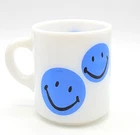Vintage Blue Smiley Face White Milk Glass Coffee Mug Cup Retro Happy Face