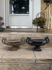 Pair Antique/Vntg Ornate Cast Iron Urn Planter Victorian French Country Garden