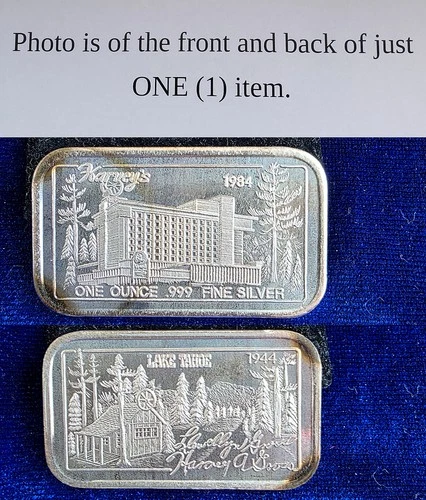1984 Harvey's Casino Lake Tahoe 1 Troy Oz 999 Fine Silver Bar Toned