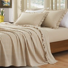 4 Pieces Plaid Ruffle Queen Bed Sheets, Cotton Gingham Queen Bed Sheet Set Li...