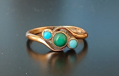 Vintage Ring 9 kt Gold Türkis 1,7 Gramm. Art Deco H/M Birmingham 1921. Größe K/L