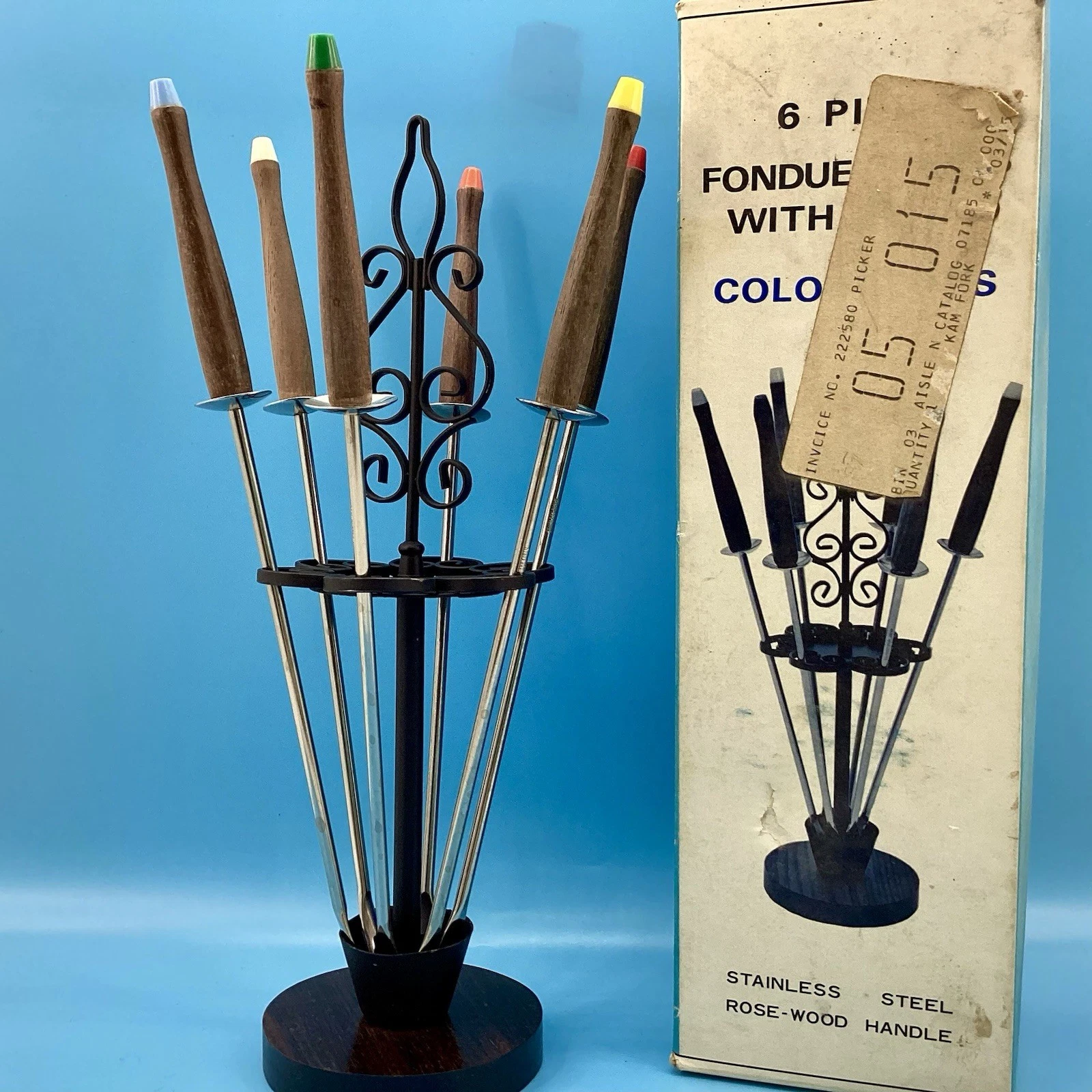 Vintage Fondue Fork 6 Stainless Steel Rosewood Handles W/ Box & Stand Japan
Opens in a new window or