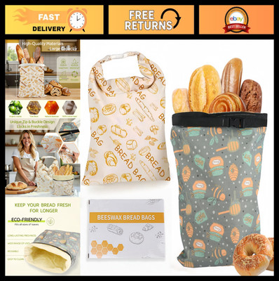 2 Pack XL Reusable Beeswax Bread Bags with Zipper Seal - Eco-Friendly Cotton Lin