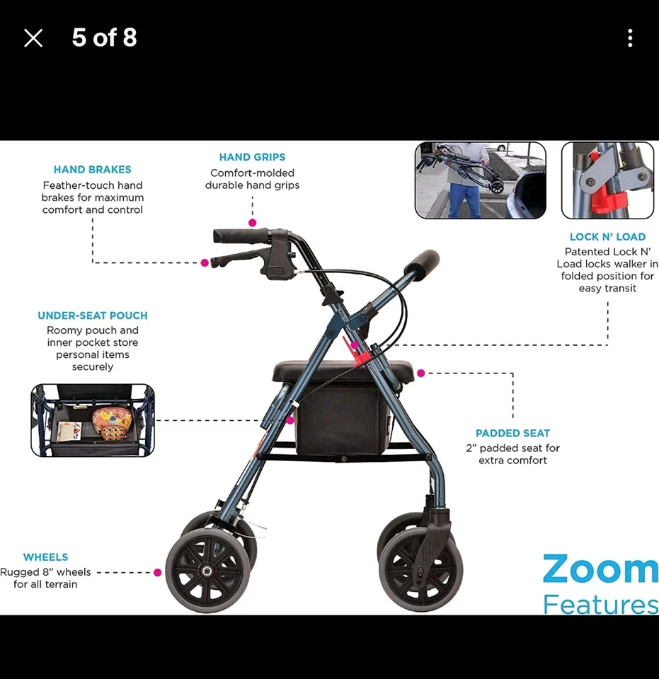 NOVA Zoom 24" Asiento Alto Plegable Andador Rodante Andador 8" Whls-CAJA ABIERTA ROJO Foto 4 de 4