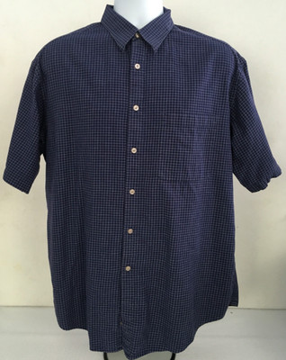 Perry Ellis Button Down Shirt Size L Dark Blue White Check 1 Pocket Short Sleeve