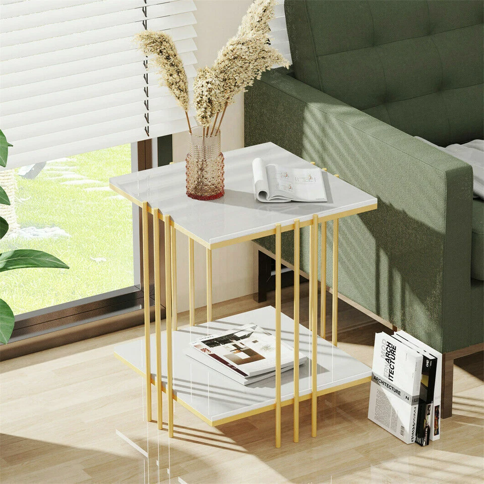 Stylish 18" Marble Side Table Square End Table with Storage Mechanic Golden Legs - Image 3 of 4