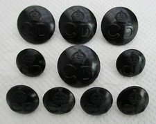 Set 10x WW2:"CIVIL DEFENCE BLACK BUTTONS" (24mm-17mm, CD, Kings Crown, SD Tunic)