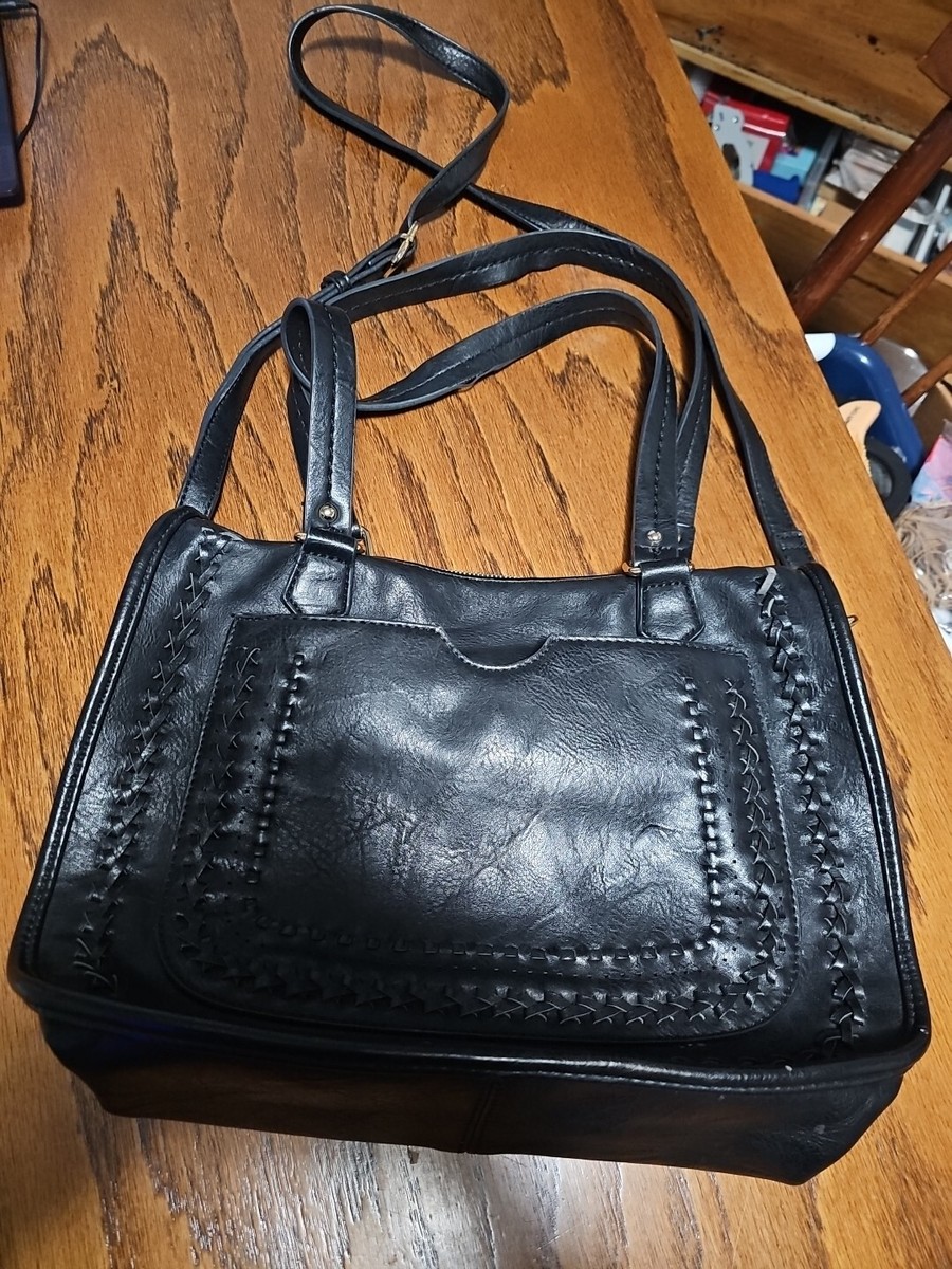 Madison West Womens Woven Detailed Black Vegan Leather Shoulder