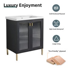 Mueble tocador de baño independiente de madera de 28" lavabo de cerámica patas de metal negro