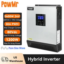 PowMr 2400W Solar Hybrid Inverter 24V to 110V/120V 50A PWM Charge Controller USA