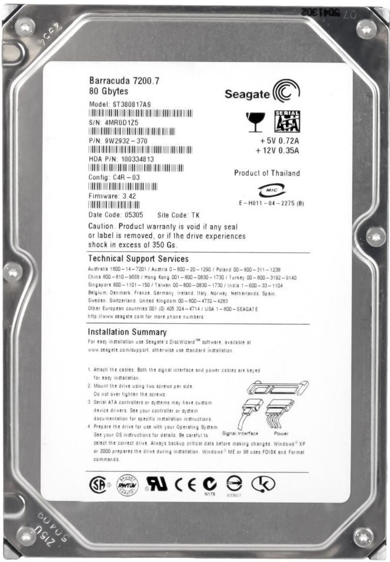 Hard Drive Seagate Barracuda 7200.7 ST380817AS 80GB SATA
