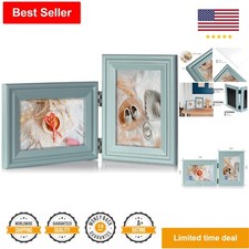 Folding Picture Frame - Teal Blue Pine Wood - Horizontal  Vertical - Real Glass