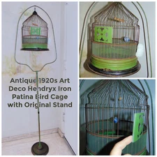 RARE 1920's Antique Iron Patina Green Hendryx Wire Birdcage with Stand