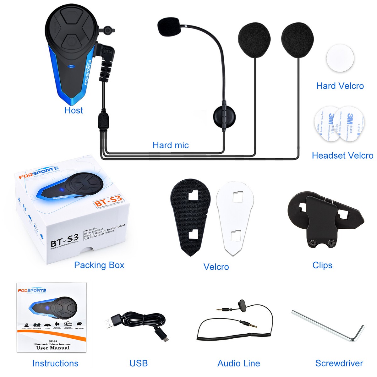 QSPORTPEAK Motorcycle Intercom Bluetooth Helmet Headset, BT-S3 Motorbike  Intercom Headphone, 800M Helmet Communication System Kits With Walkie Talkie