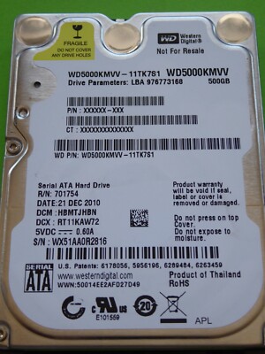 WD5000KMVV-11TK7S1 DCM: xxMTJxxx DEC 2010 - MAY 2011 Thailand 500GB