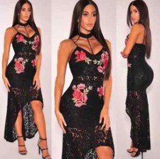 Black Lace Bodycon Choker Sleeveless Hi Low Dress New Size M/6
