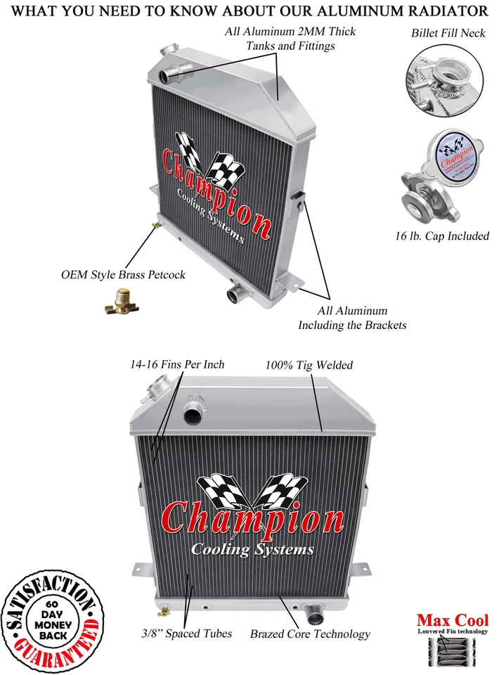 Radiador DR Champion 4 filas para Ford 1940 1941 configuración estándar Chevy Foto 3 de 4