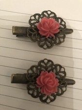 2 Hot Pink Flower Vintage Bronze Victorian Filigree Hair Clips Anywhere Clip
