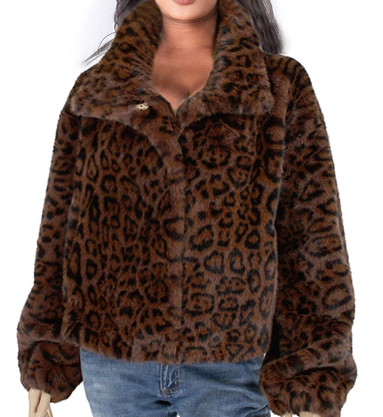 Fluffy Faux Fur Leopard Winter Warm Fuzzy Jacket Luxurious Coat